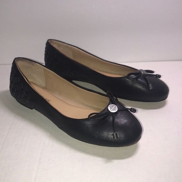 Antonio Melani Women's Black Leather Woven Bow Round Toe Ballet Flats Size 6.5 - Picture 1 of 6